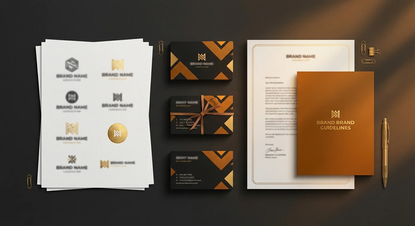 Brand identity deliverables — logo sheets, business cards, guidelines