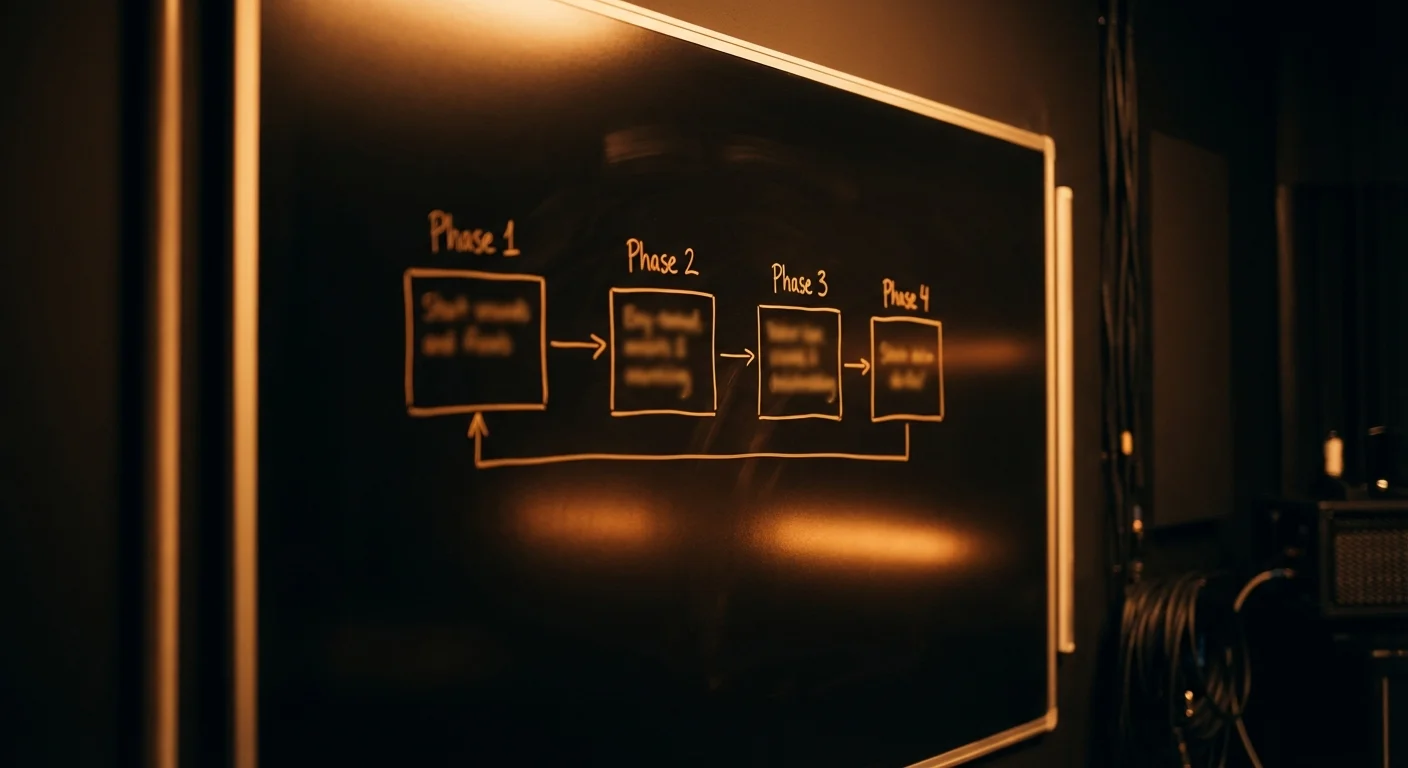 Methodology whiteboard showing four-phase process flow