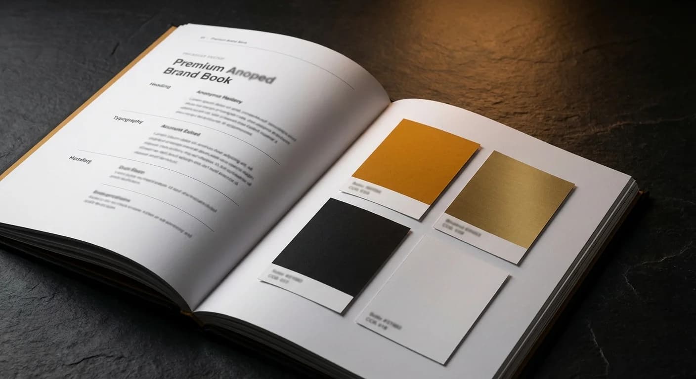Premium brand book open to typography and color palette pages