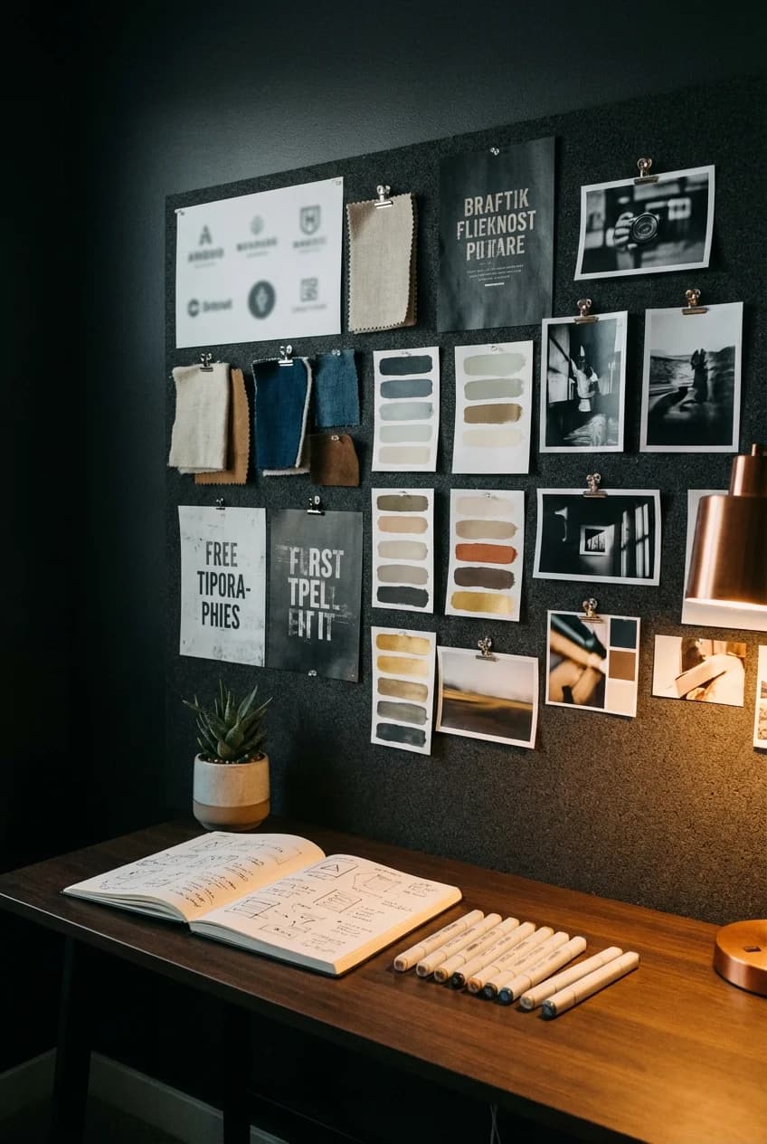 Creative director workspace with mood board and brand assets