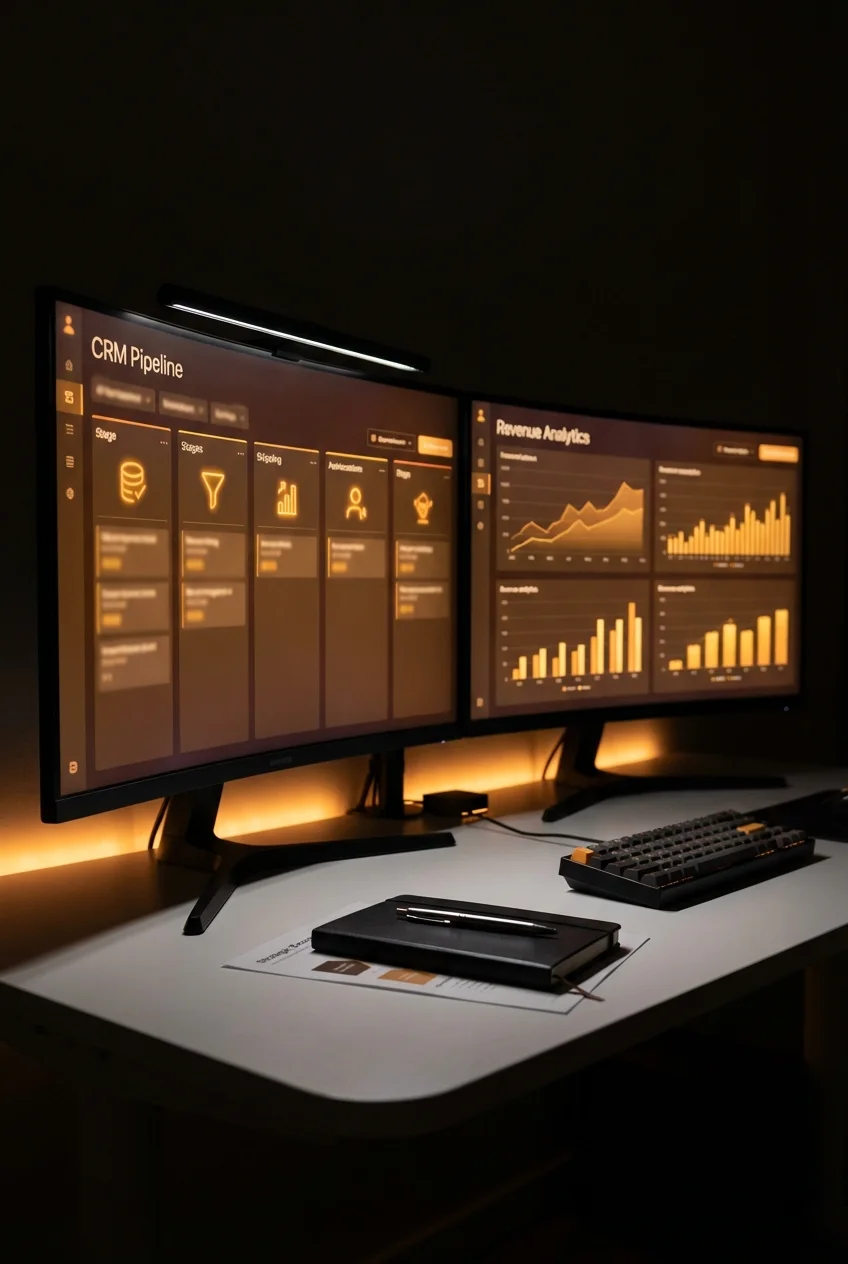 Systems architect workspace with dual monitors showing CRM and analytics