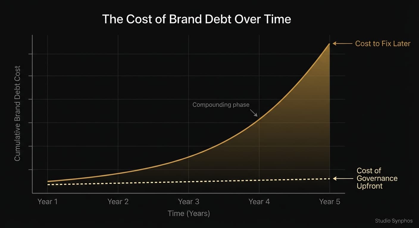 Line chart showing how brand debt costs compound exponentially over time compared to the flat cost of proactive brand governance
