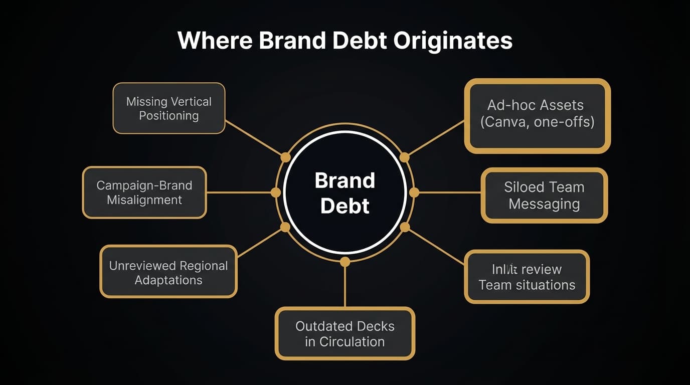 Radial diagram showing six organizational sources that contribute to brand debt accumulation
